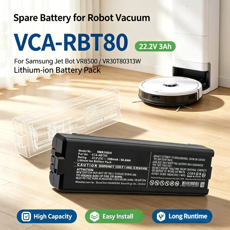 High Capacity VCA-RBT80 Lithium Ion Battery 22.2V 3Ah Spare Battery for S amsung Jet Bot VR8500 VR30T80313W Robot Vacuum Cleaner
