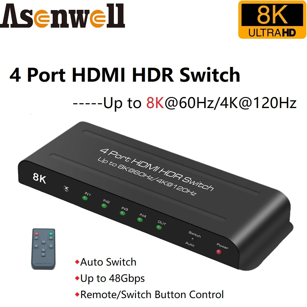 

8K HDMI 2.1 Switcher 4 In 1 HDMI Switch 4x1 HDCP2.3 Auto Switch IR Control 4K120Hz HDR10+ VRR HLG HDR ALL Dolby Vision Atmos AC3