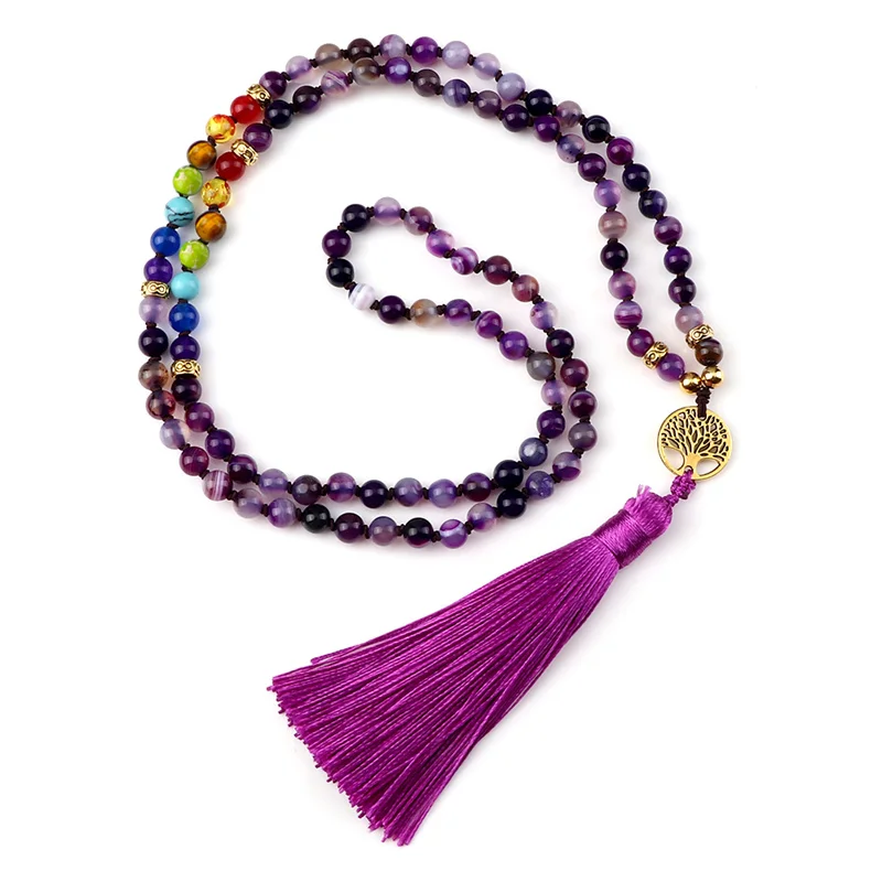 Natural Purple Agates Stone Necklace For Women Girls 7 Chakra Reiki 108 Japamala Mala Beads Knotted Tassel Long Necklace Jewelry