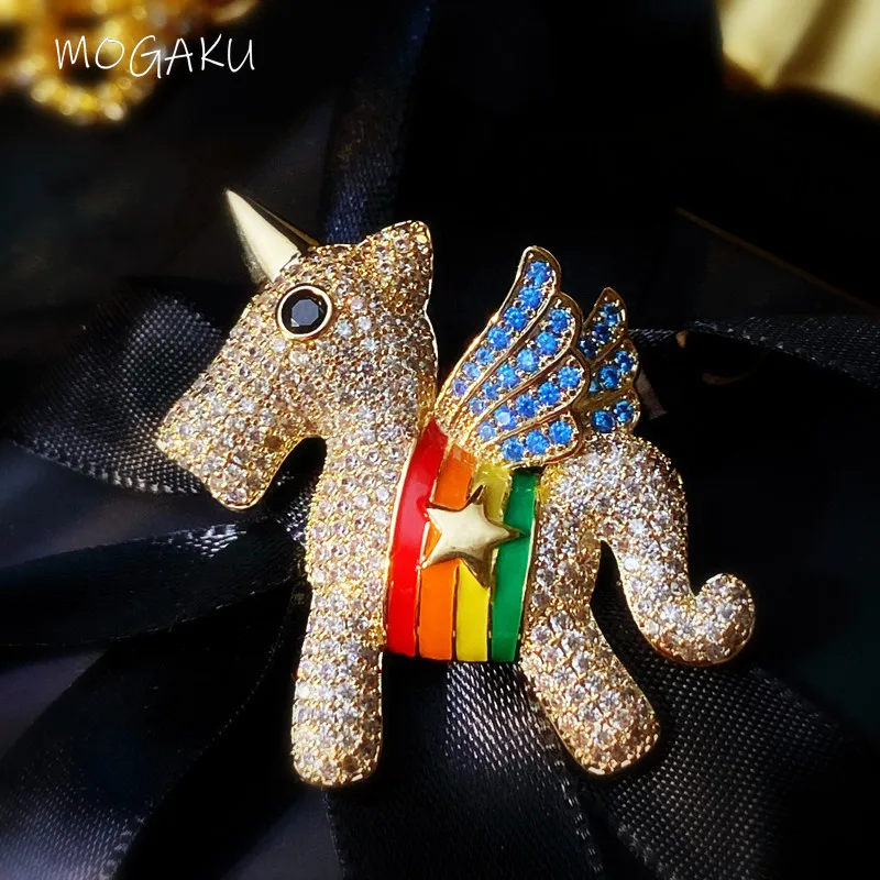 

MOGAKU Luxury Unicorn Brooches Women Cubic Zirconia Animal Lapel Pins Boys Girls Fashion Rhinestone Cute Brooch Gifts Handmade