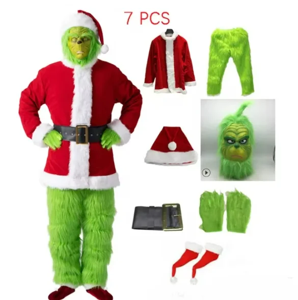 

Santa Claus Costume Set Christmas Party Prom Adult Role Playing Green outfit Monster Shaggy Halloween Cosplay Suit Gloves Mask