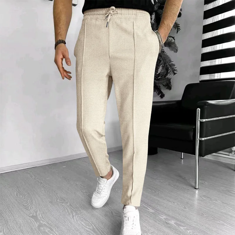 Mens Stylish Waffle Pants - Casual Sports Slim Fit with Adjustable Drawstring Secure Pockets for All Seasons - Perfect Outdoor