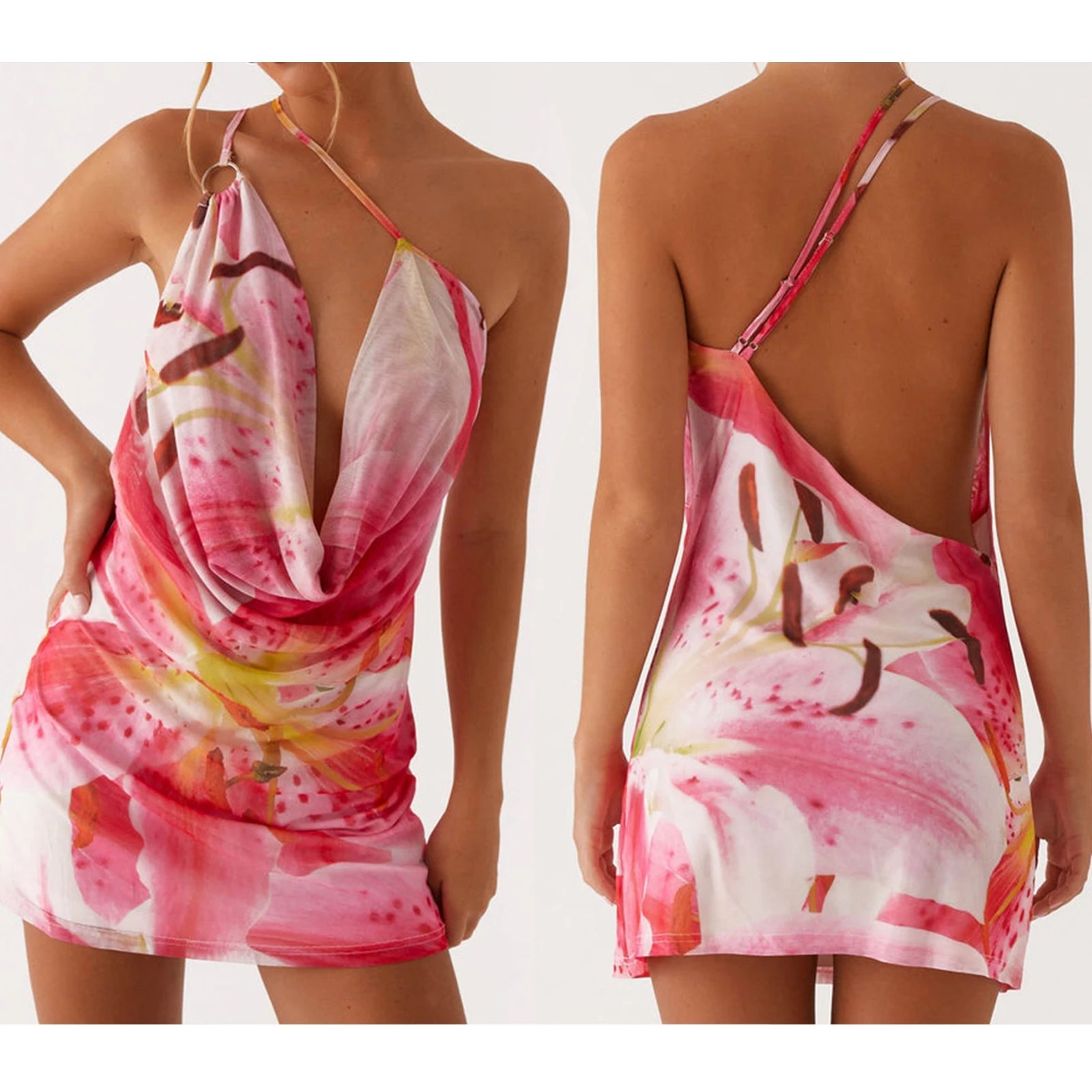 Mulheres halter malha sheer floral mini vestido capuz pescoço gravata sem costas vestido de malha curto y2k bodycon aberto volta noite vestidos de festa