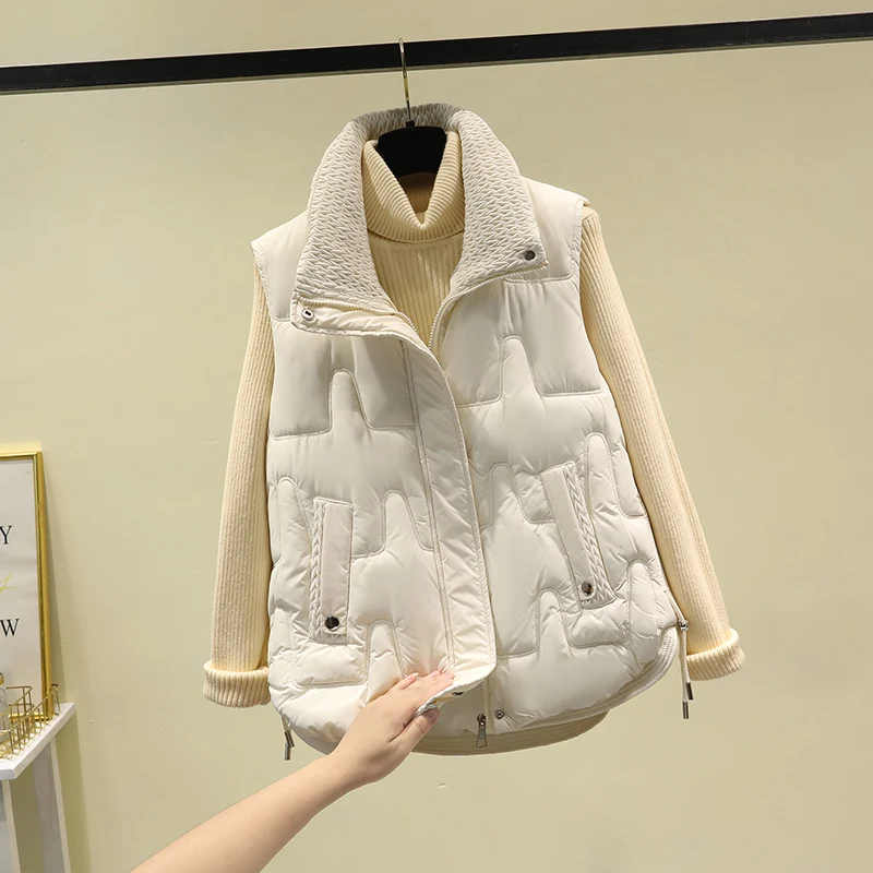 

Женский пуховый хлопковый жилет, свободный модный жилет, осень-зима, застежка-молния, чистый цвет, для поездок на работу, с деталями