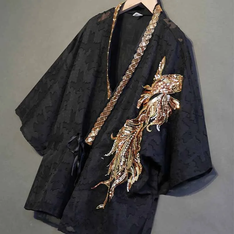 Women Heavy Craft Koi Fish Sequin Embroidery Kimono Cover Up New Chinese Style Jacquard Tie Front Loose Outerwear