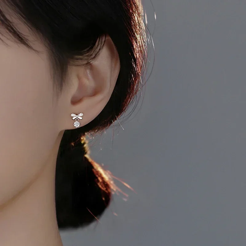 INZATT Real 925 فضة صغيرة Bowknot الزركون وأقراط للنساء الحد الأدنى هندسية غرامة مجوهرات اكسسوارات