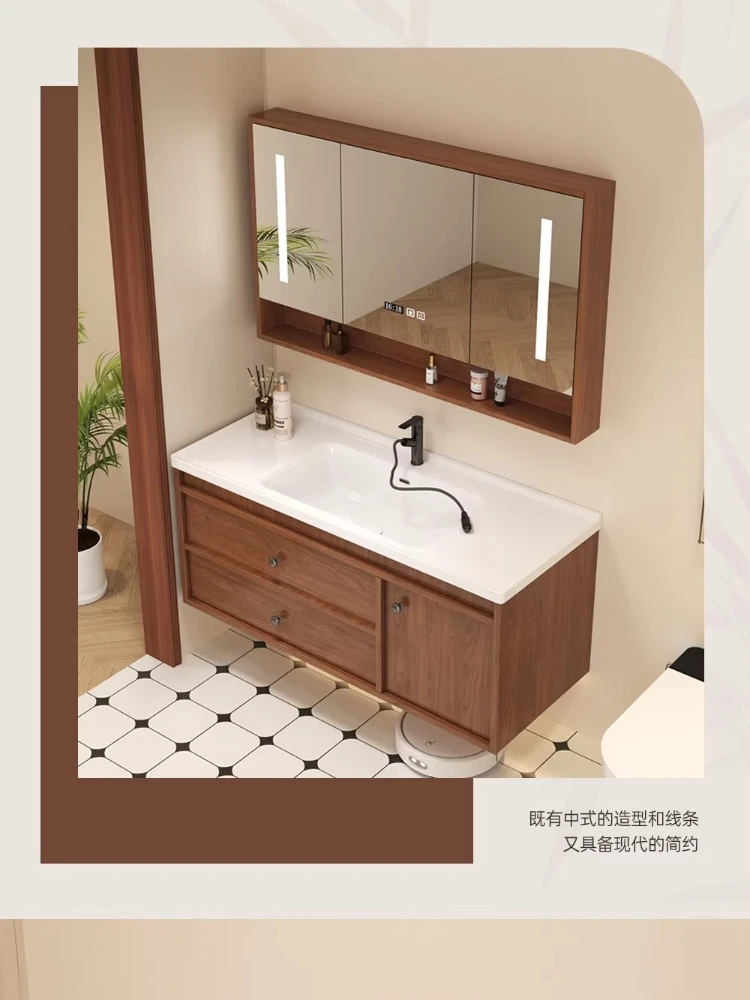 

Средневековый комбинированный шкаф для ванной комнаты цвета ореха с интегрированной керамической раковиной