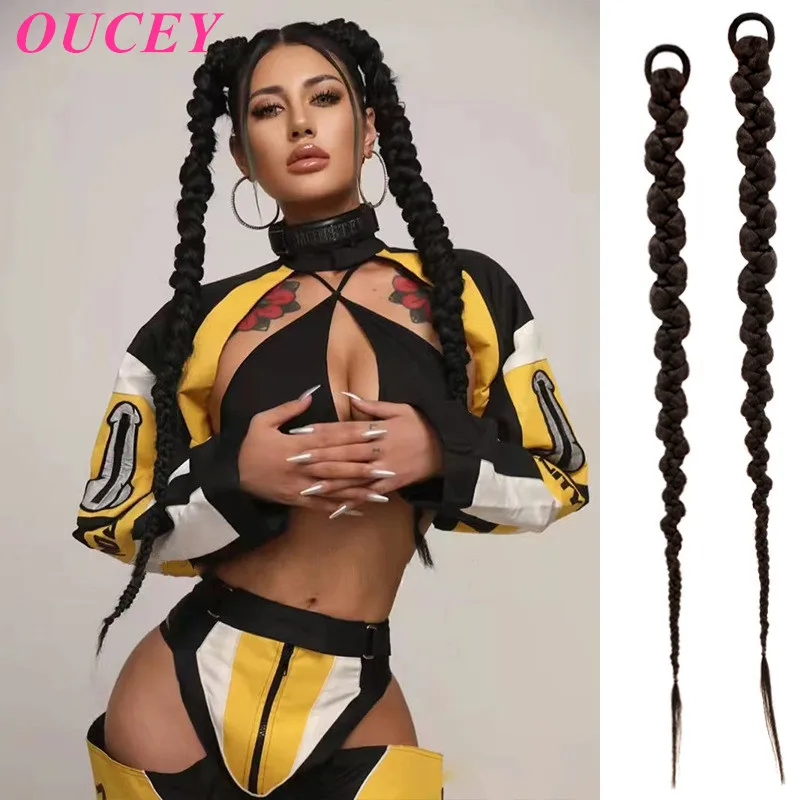 OUCEY Synthetic Braided Hair 28inch Long Braids Ponytail Hair Hairstyle Braids Cute Hip Hop Ponytail for Girls Black Fake