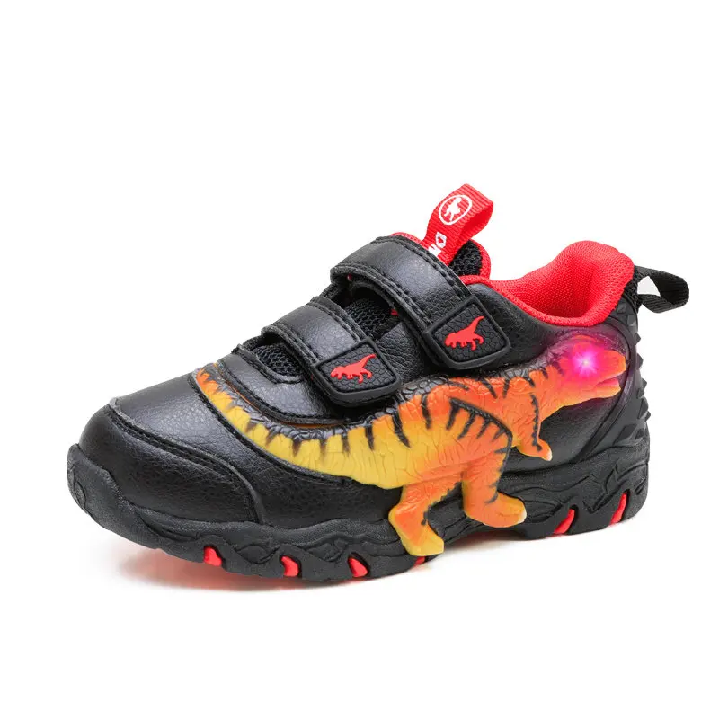 EXDINO Children Dinosaur LED Glowing Sneakers Boys Leather T-Rex Little Kids Light Up Flashing Casual Outdoor Shoes Ins Fashion