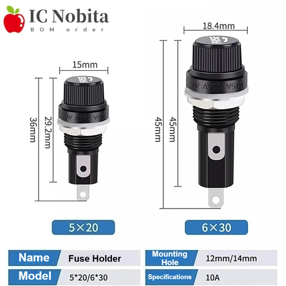 100PCS 5x20mm 6x30mm Glass Fuse Holder Insurance Tube Socket 5*20mm 6*30mm Fuse Holders Black Screw Cap