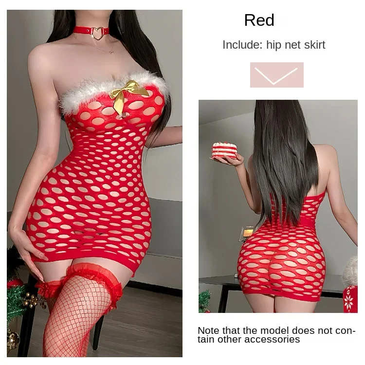 Christmas Sexy Big Mesh Hollow Hip Covering Skirt Tempting Red Breast Wrapped New Year Net Dress Xxx Women's Nightgown Clothing image 6