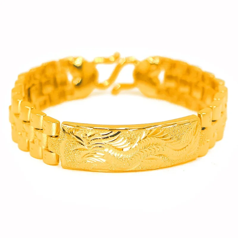 Real 18K Gold Color Dragon Flower Bracelet for Women Men Chain Pure Golden Plated Bracelet Bangle Fine Jewelry Gifts