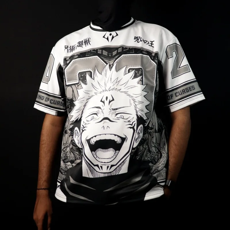 Anime Manga Full Sublimation Mesh Jersey, Unisex Streetwear Short Sleeve Sport Tee, Black White Graphic Uniform