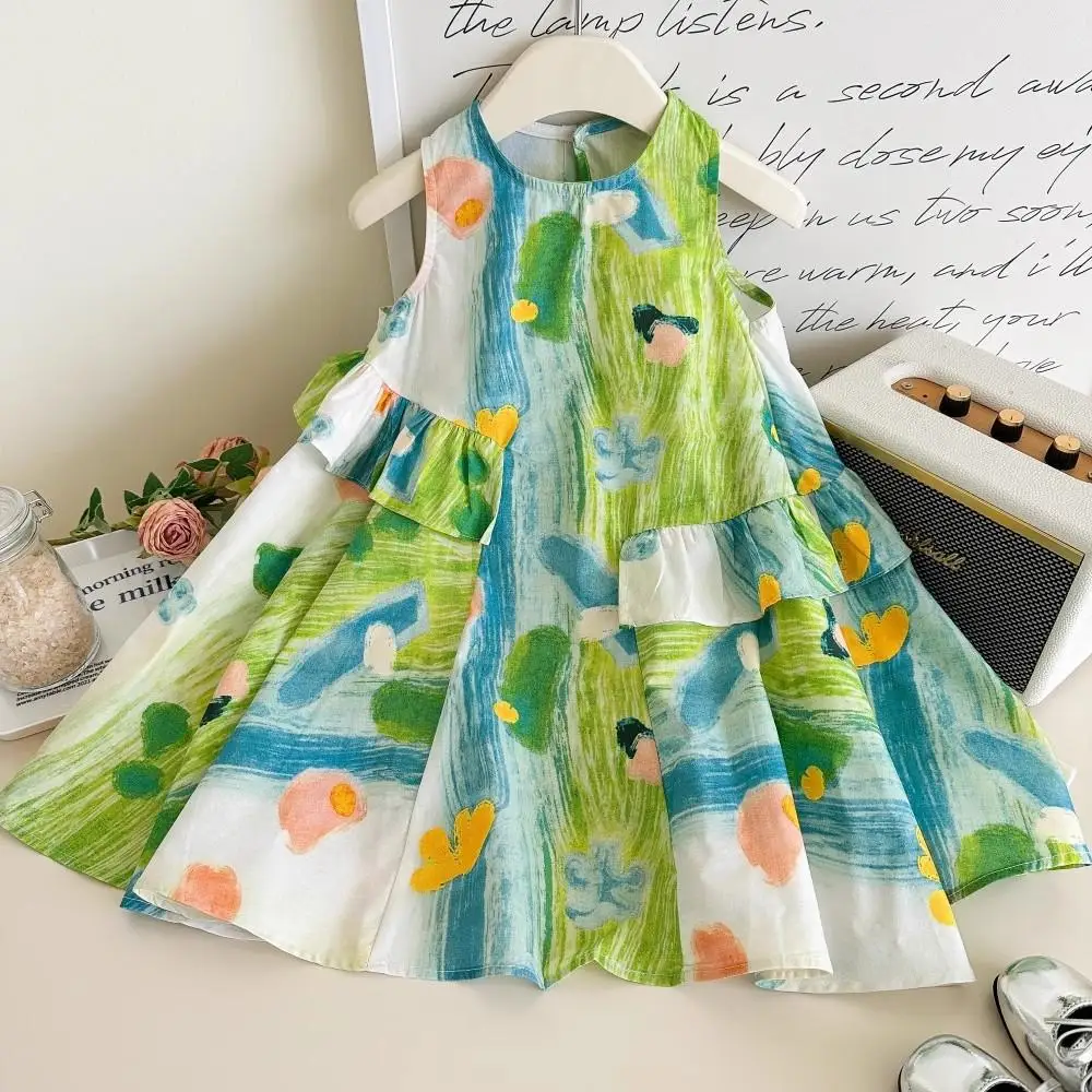 Girls green small fresh vest skirt summer thin cool children's dress vacation seaside beach skirt