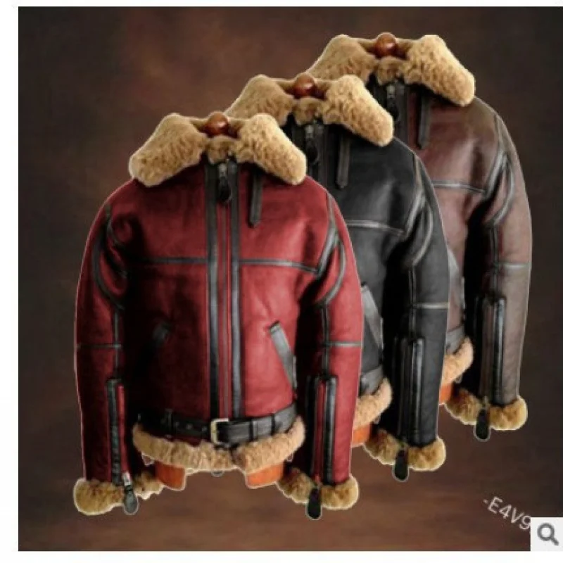 

European vintage PU coatRetro Ethnic Special Snow Warm Burrs plus-SizedPULeather coat