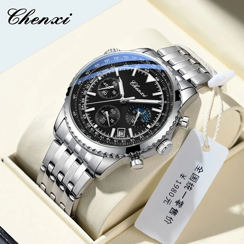 

Fashion Luminous Men Quartz Wristwatches Stainless Steel Waterproof Clocks Multifunction Moon Phase Stop Watch Complete Calendar
