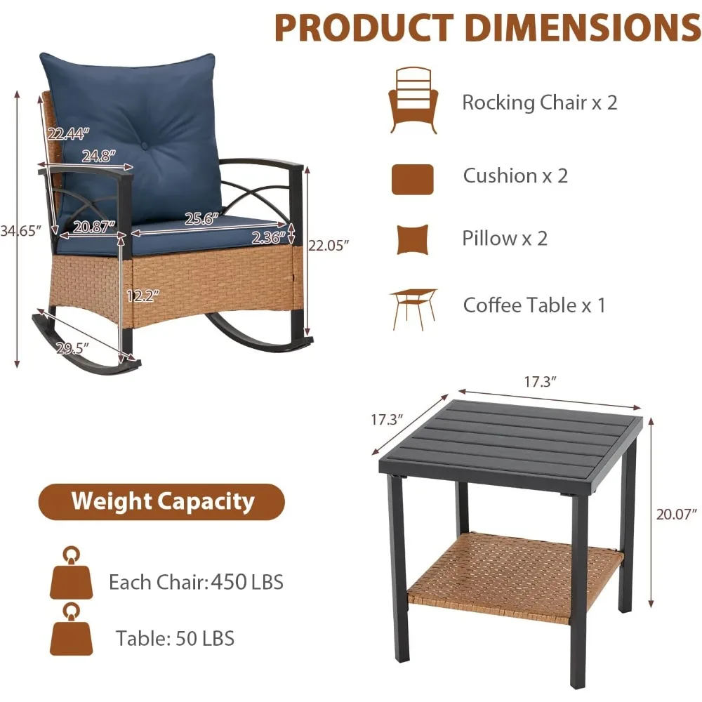 3-Piece Outdoor Patio Furniture Set with Rocking Chair, Cushions, and 2-Tier Coffee Table - Wicker Bistro Style