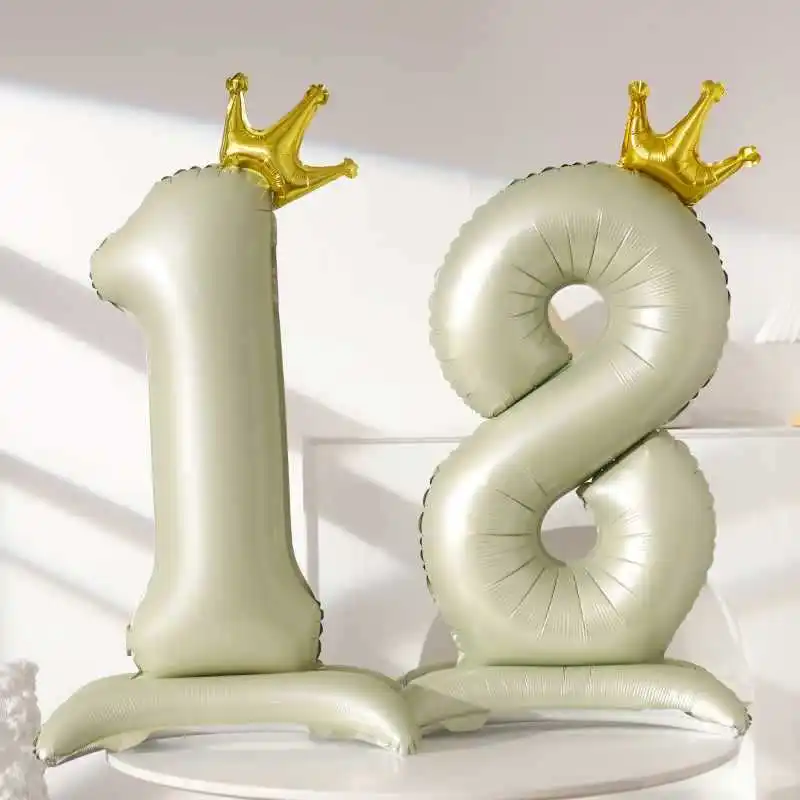Globo de corona digital de pie de color crema grande de 40 pulgadas con base, decorado con globo de papel de aluminio para fiestas de cumpleaños