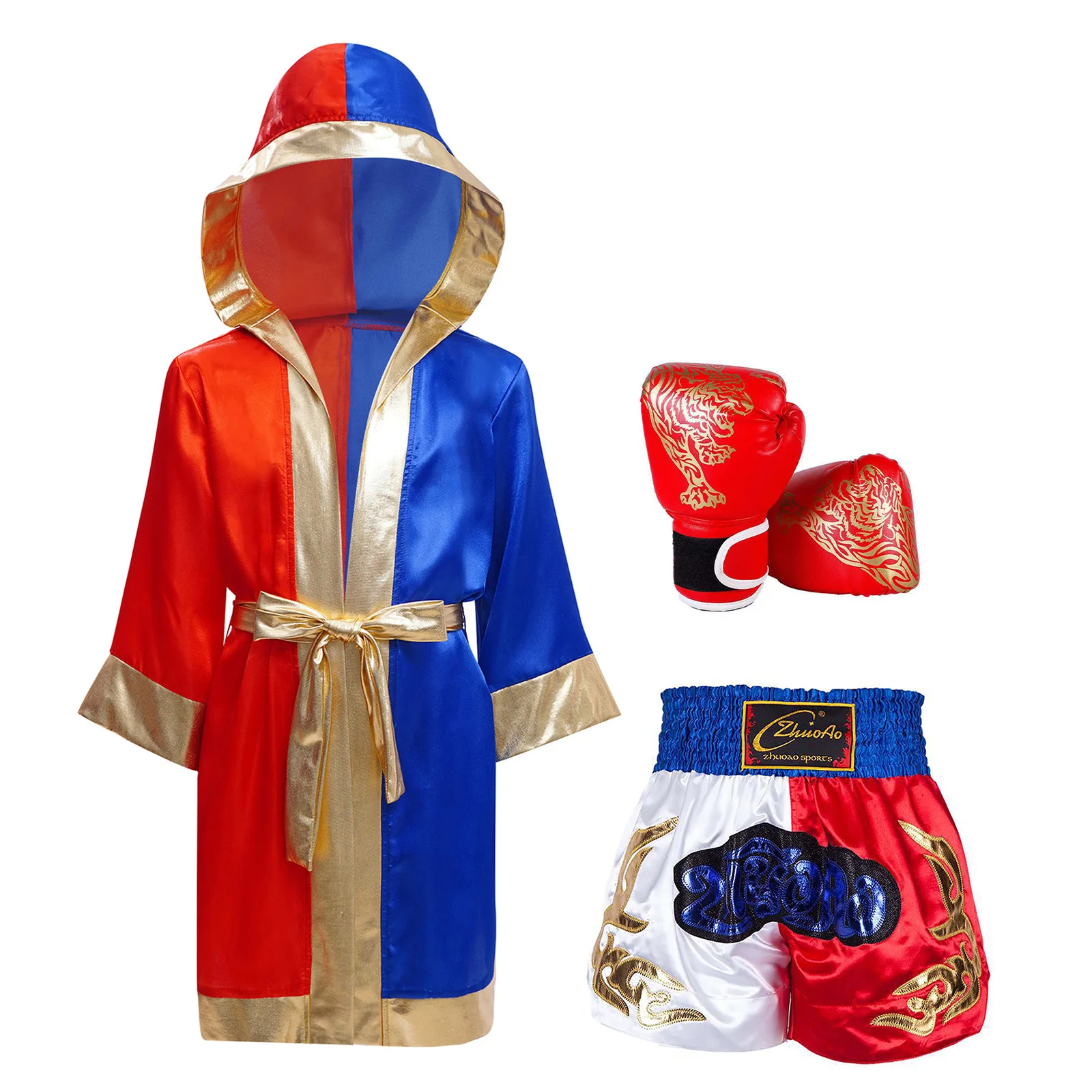 # Fantasia de cosplay de boxe guerreiro de halloween para meninos de 6 a 16 anos, robe com capuz de manga comprida com cinto metálico, shorts e conjuntos de luvas boxer