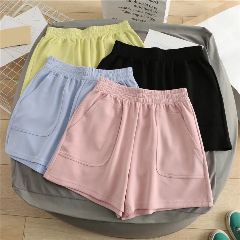 

Women Shorts With Pocket Summer Solid Color High Waist Hot Pants Casual Loose Sports Pants Elastic Waist Girls Cycling Shorts