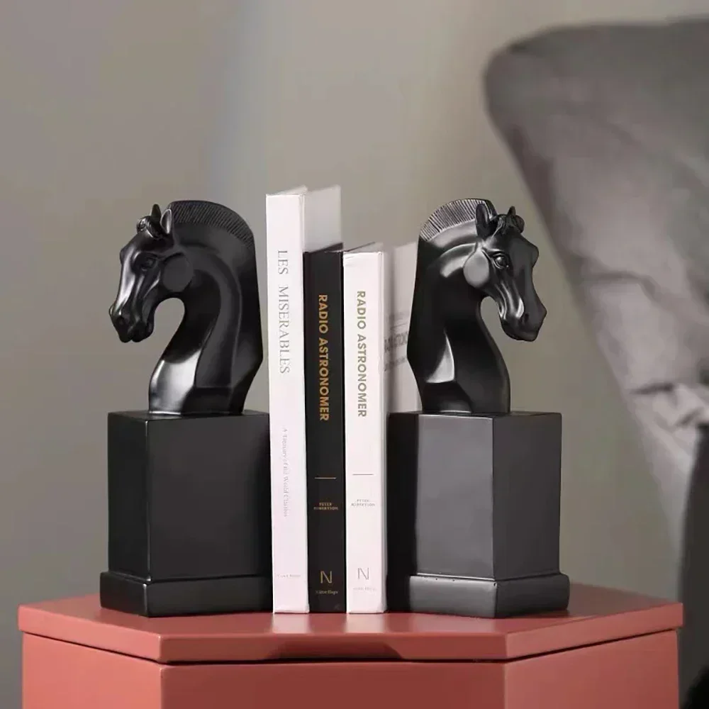 Quality Horse Bookend Marble Like White War-Horse Statue Resin Animal Ornament Solid Steed Head Book Stand