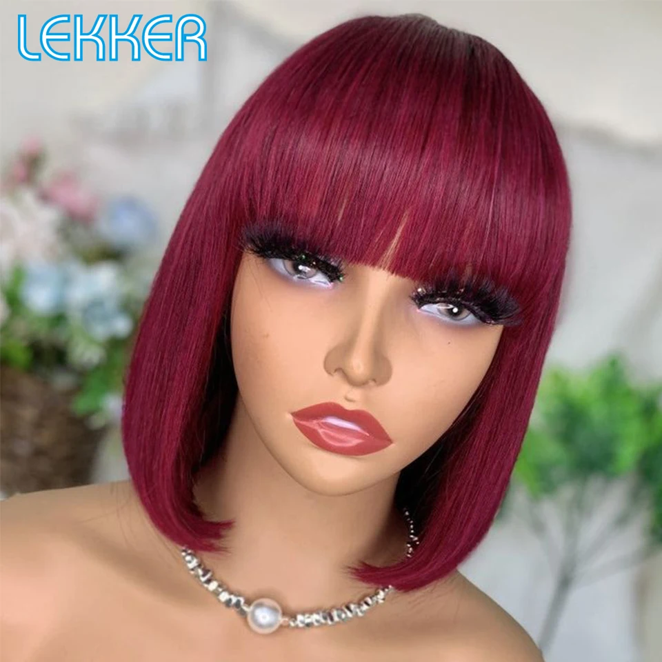 Lekker Ready to Wear 99j Burg Red Short Pixie Straight Bob With Bangs Human Hair Wig For Women Brazilian Remy Hair Colored Wigs