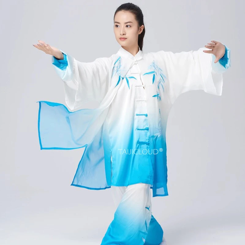 Blue Embroidered Bamboo Leaves Tai Chi Suit Set - Unisex 3-Piece with Cape for Group Performance & Competition