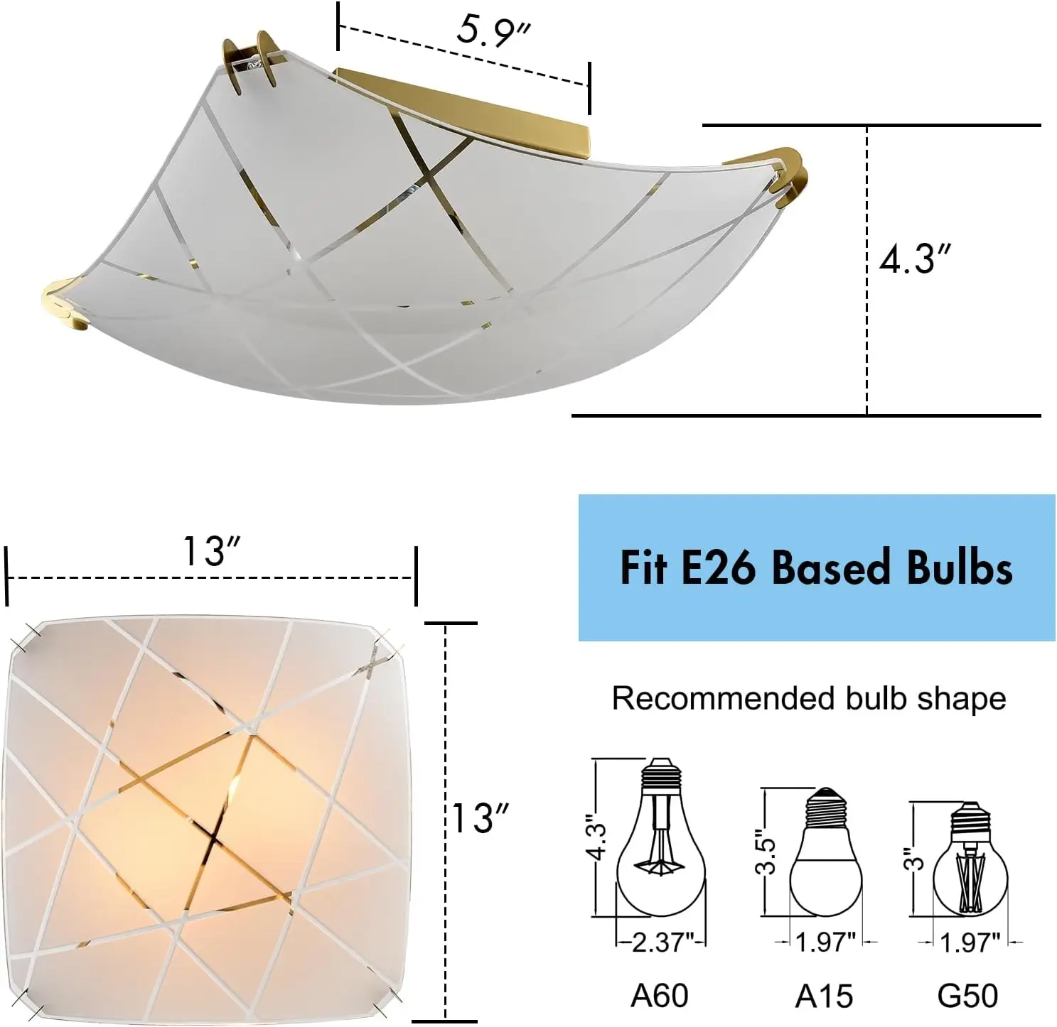 Lampu langit-langit Emas Modern 13 ", perlengkapan lampu langit-langit dudukan semi-flush 2 cahaya untuk dapur makan kamar tidur naungan kaca