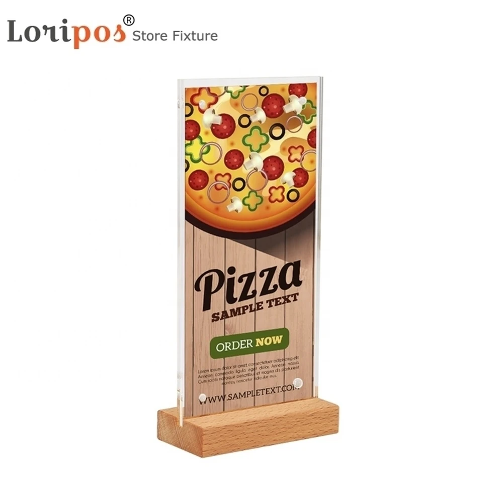 10x20cm Magnetic Menu Stand Holder Logo Custom T Shape Desk Acrylic Sign Holder With Wood Base On Tabletop Countertop Standing