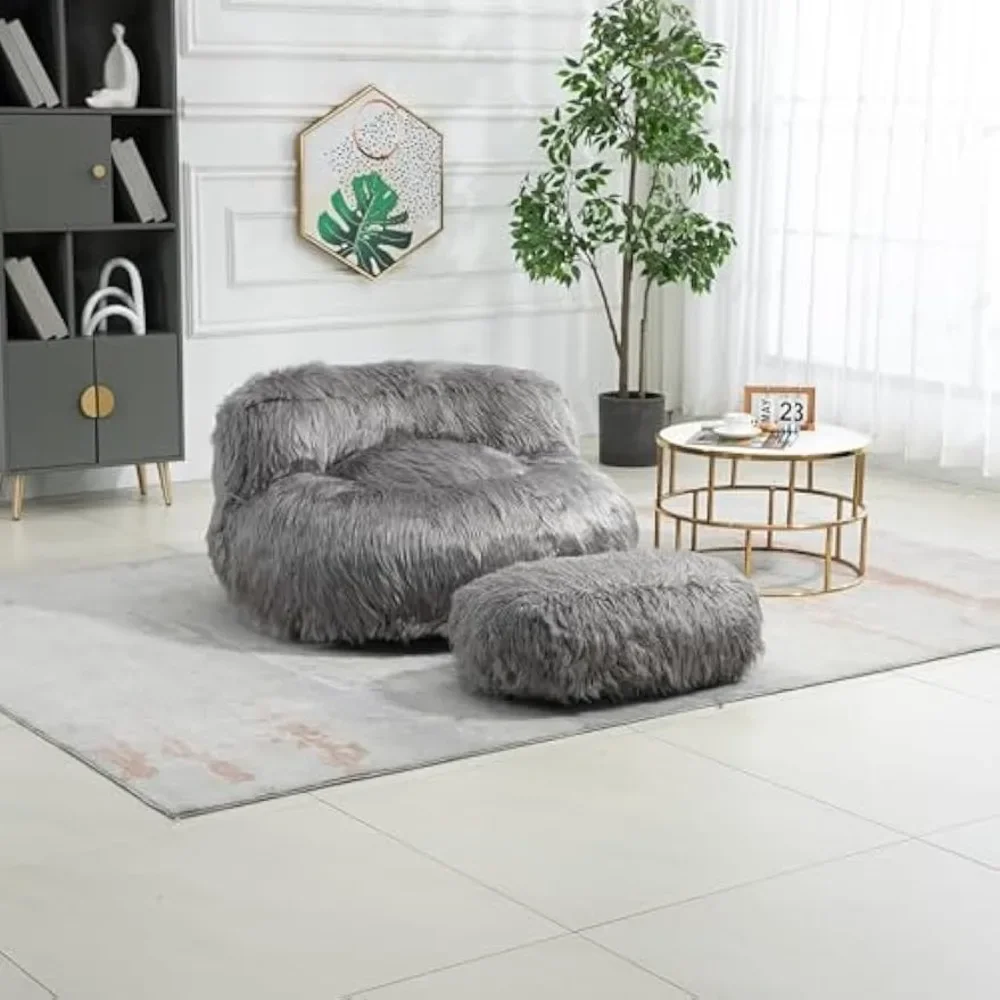 Bean Bag Chair, Faux Fur Lazy Sofa/Footstool Durable Comfort Lounger High Back Bean Bag Chair Couch for Adults and Kids, Indoor