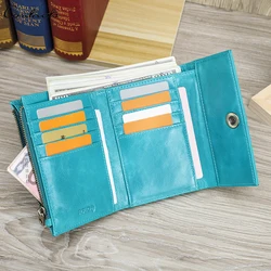 CONTACT'S Genuine Leather Women Wallet with Coin Pocket FRID Card Holders Cowhide Leather Short Trifold Wallets