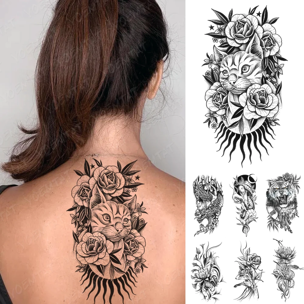 

Festival Waterproof Temporary Tattoo Sticker Cat Wolf Tiger Peony Rose Sun Flash Tatoo Arm Sleeve Body Art Women Men Fake Tatto