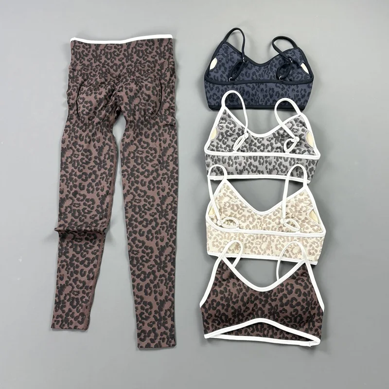 2Pcs HISTELLO Leopard Print Workout Set Women Seamless Dry Breathable Sports Bra Scrunch Butt Leggings Gym Yoga Fitness Apparel