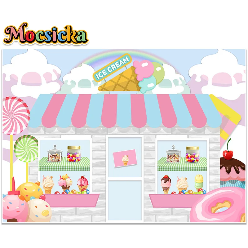 Candy Bar Ice Cream Parlor Celebration Background Baby  Birthday Photography Backdrop Photobooth Banner Cake Table Decorations