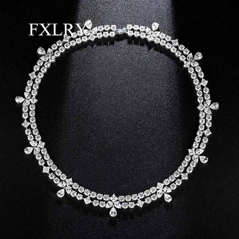 

FXLRY High Quality Cubic Zirconia Wedding Jewelry Bridal Necklace Flower Round Square Waterdrop Crystal Statement Bridesmaid Cho