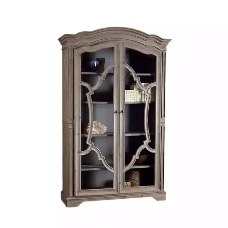 American solid wood double door glass retro carved wall integrated side cabinet storage cabinet