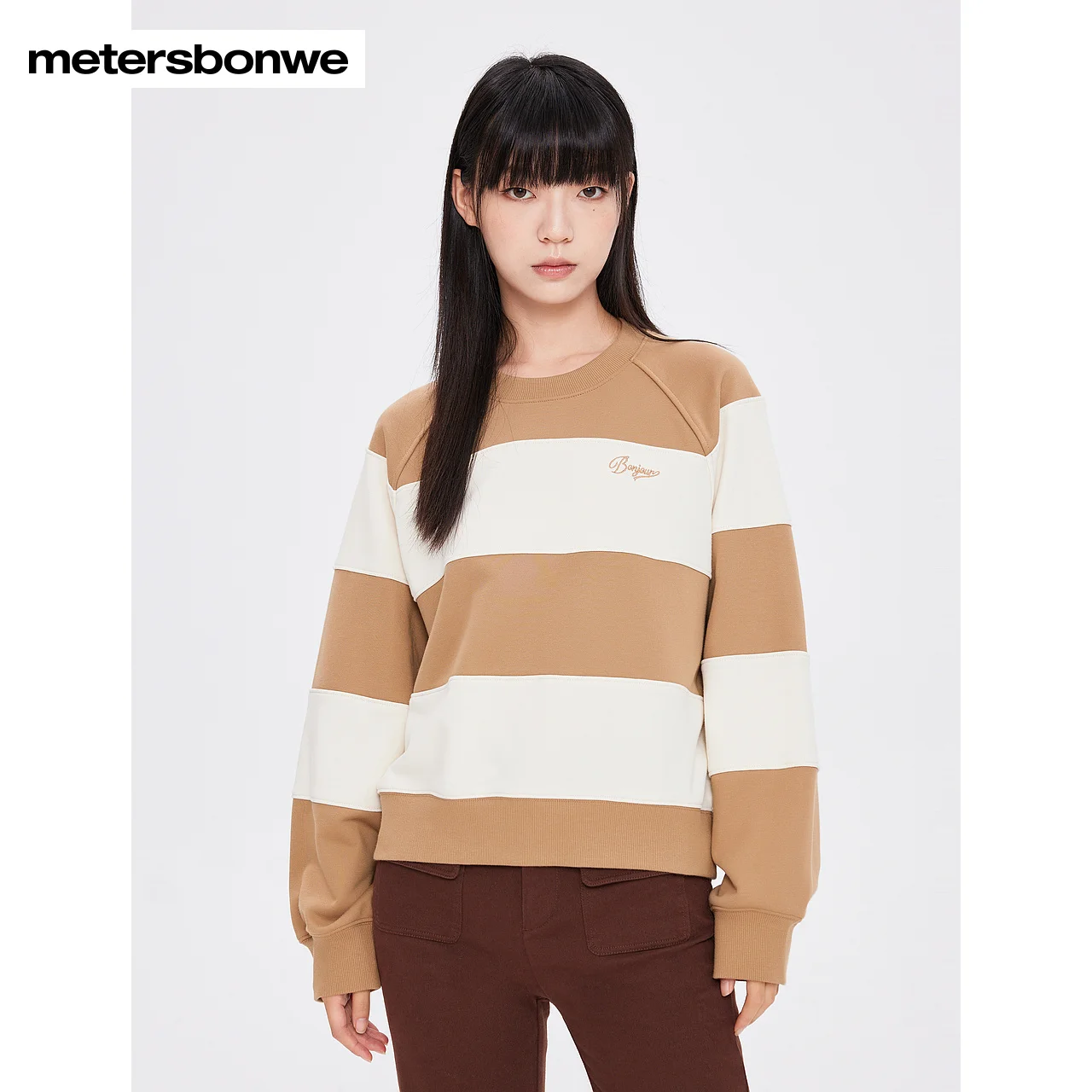 

Metersbonwe-Women's Crewneck Striped Pullover Hoodie Basic Loose Color Clash Sweatshirt Casual Stylish Autumn