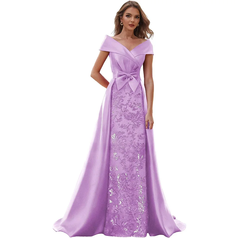 

Customized Charming Off The Shoulder Mother of The Bride Dresses for Women Wedding Guest Long Formal Dress with Bow Train