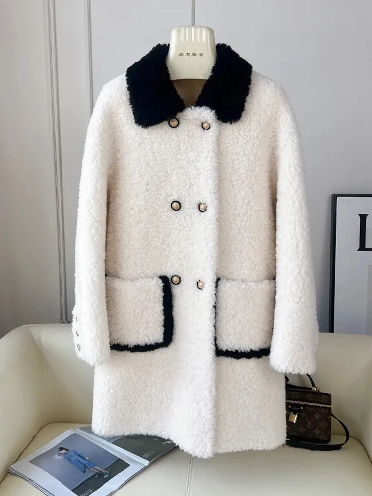 Kontrastfarbene Lammwolljacke für Damen, Mantel, Herbst und Winter 2026, neues Fell, einteilig, schlankmachend, warm, mittellang, dicke Pelzjacke