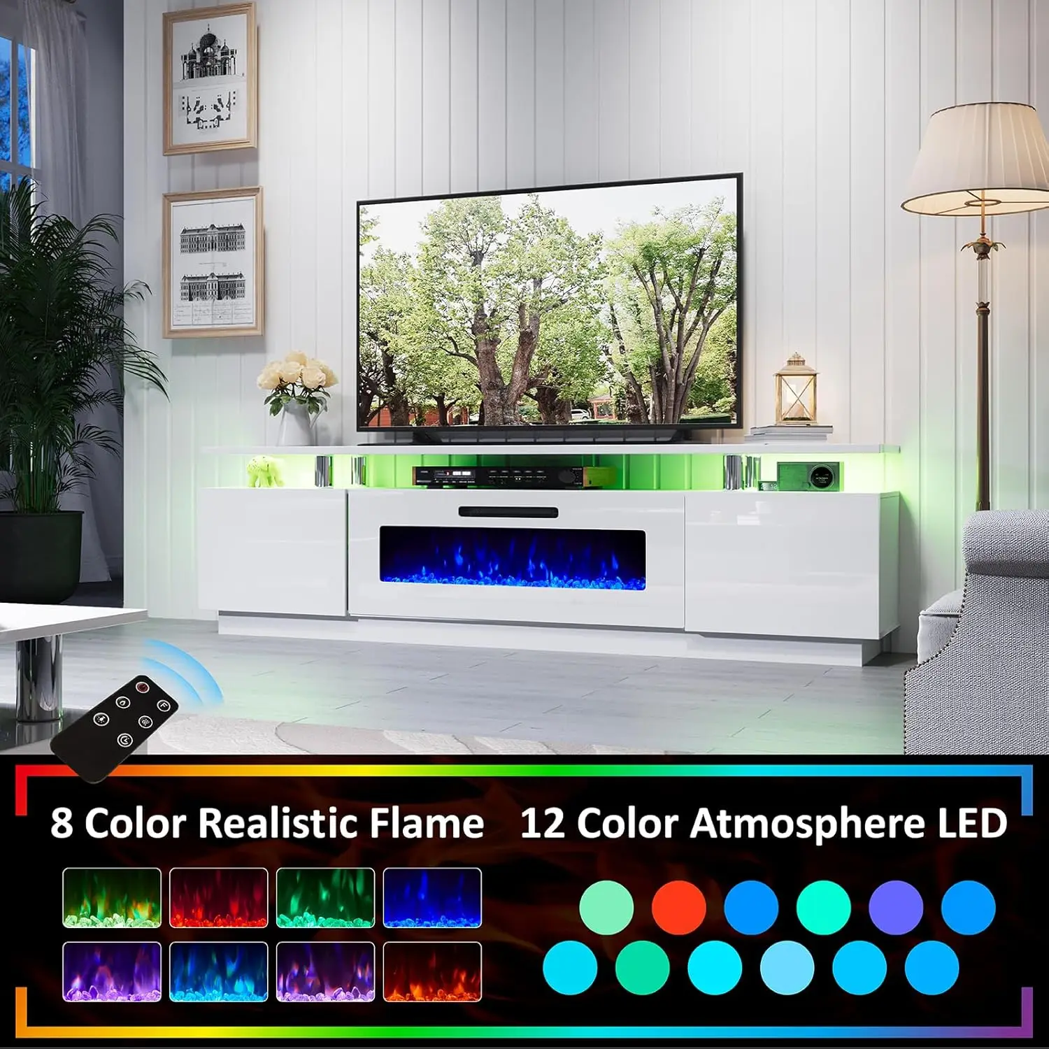 Meuble TV cheminée avec cheminée 40 ", cheminée 80", centre de divertissement moderne à haute brillance, lumières LED