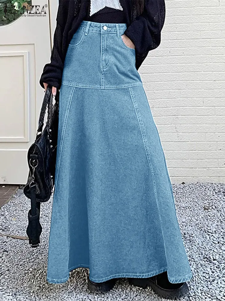 Zanzea Mode Hoge Taille Jupe Vrouwen Denim Lange Rok 2024 Zomer Casual Patchwork A-Lijn Maxi Rok Elegante Wrap Lange Faldas