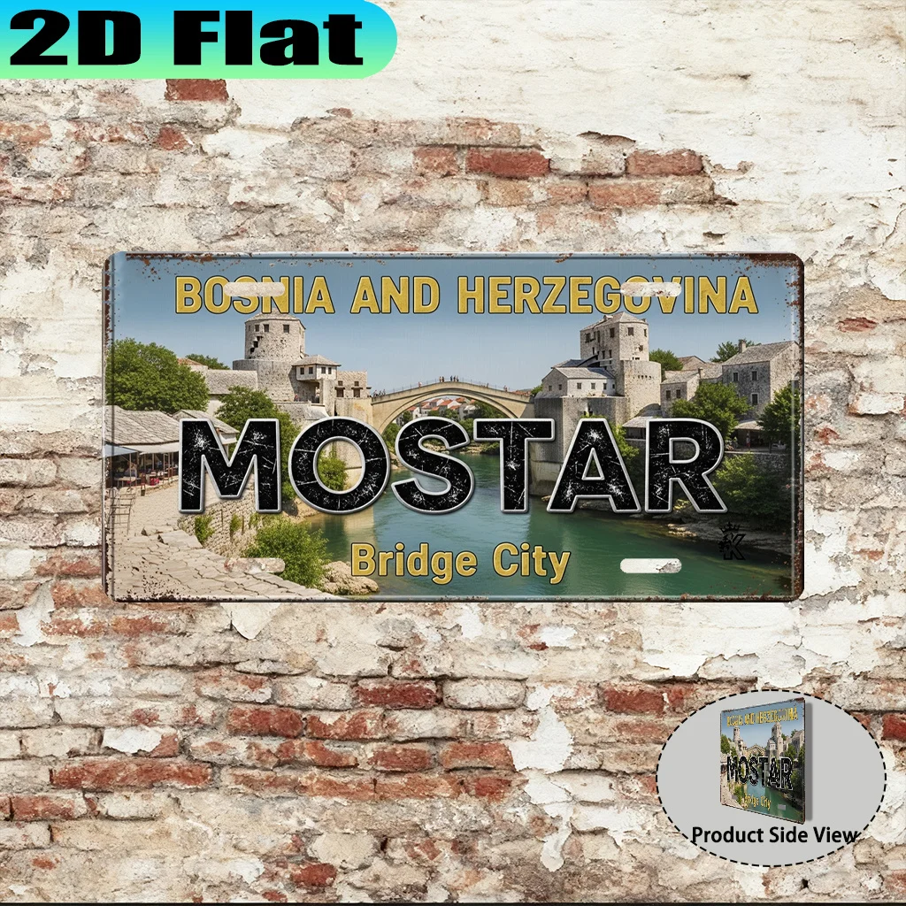 2D Flat, 1pc Vintage Mostar Bridge Aluminum Sign, Urban Vintage Style, Gift for Travel Enthusiasts, Souvenir Gift