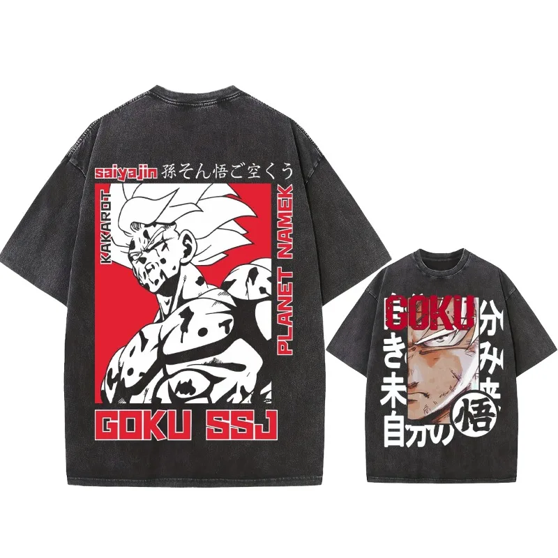 夏のメンズウォッシュ Tシャツ日本のアニメドラゴンボールトランクスグラフィック衣類トップス Y2K オーバーサイズコットン DBZ カップルの Tシャツ