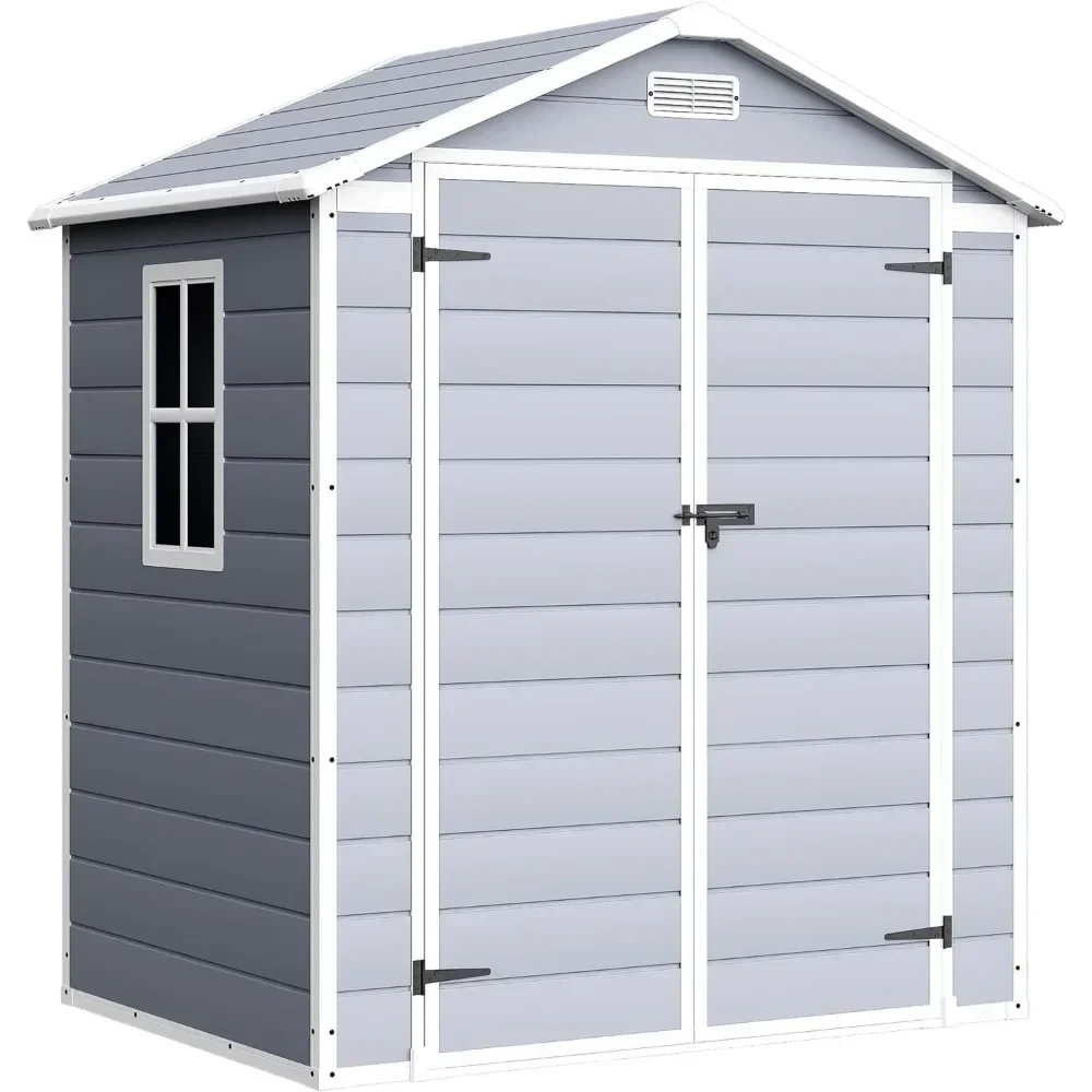 Storage Shed, Outdoor 6x4ft Plastic Resin Shed with Floor, Garden Tool Shed with Lockable Door for Patio, Grey Storage Shed