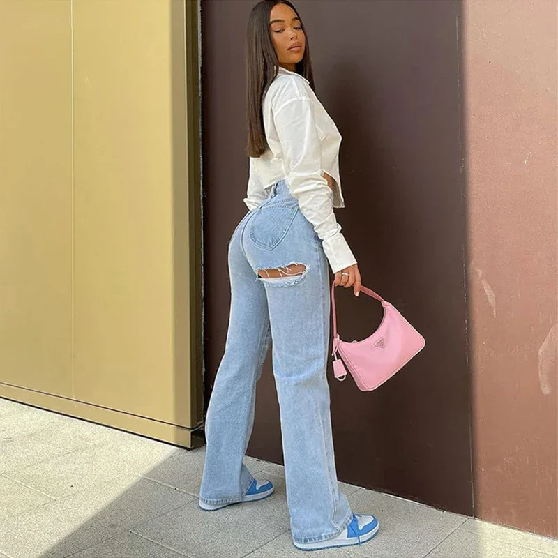 

Europe and the United States high-waisted light blue micro cropped jeans women 2024 new thin slit mop wide-leg horseshoe pants