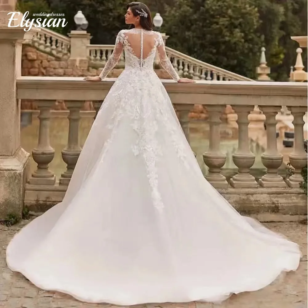 Aangepaste elegante o-hals lange mouw trouwjurken kant applicaties een lijn bruidsjurk prinses jurk vestido de novia