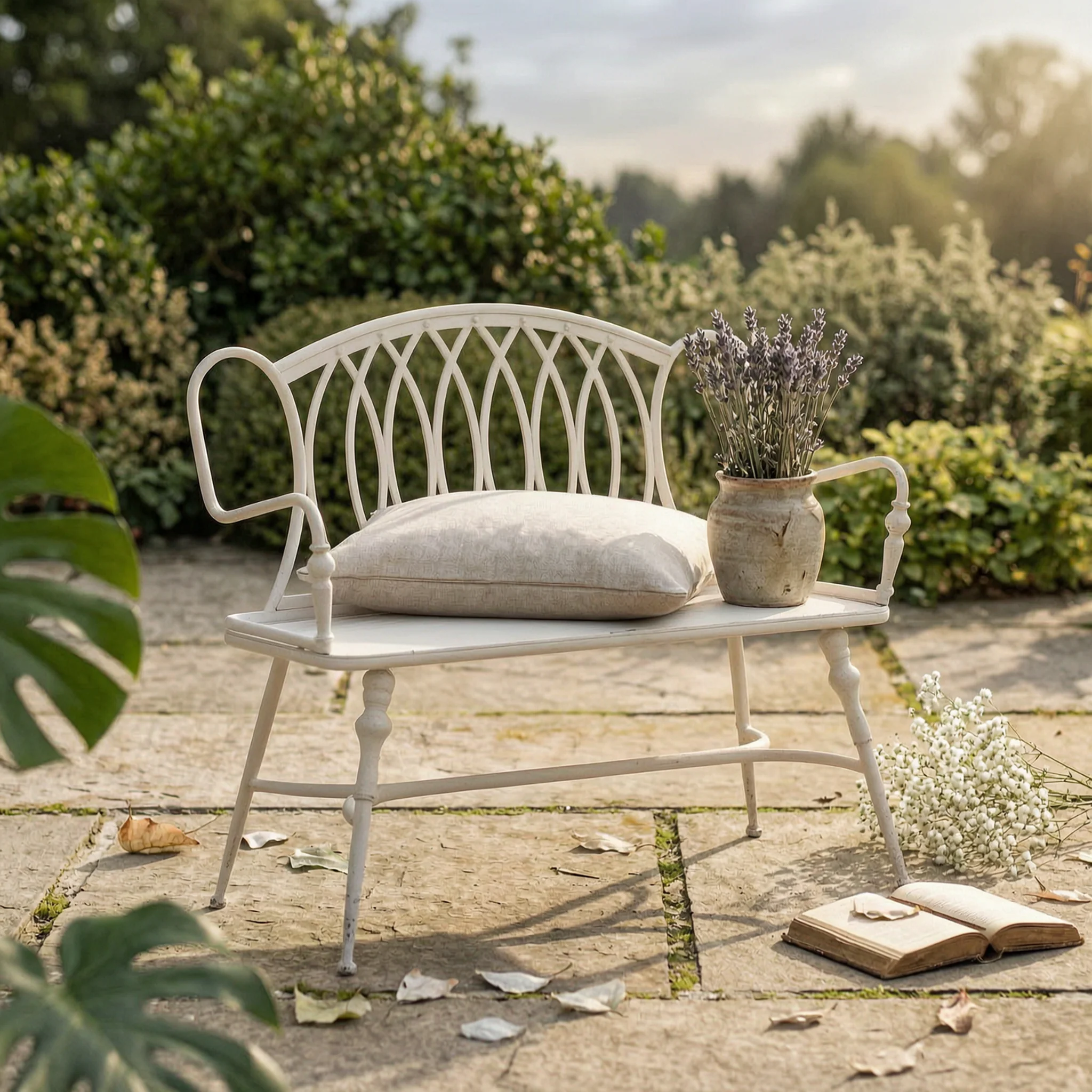 Bench with Armrests Antique-Look Metal Bench Furniture Lattice-Back Two-Person for Homeowners, Entryway, Photo Shoots