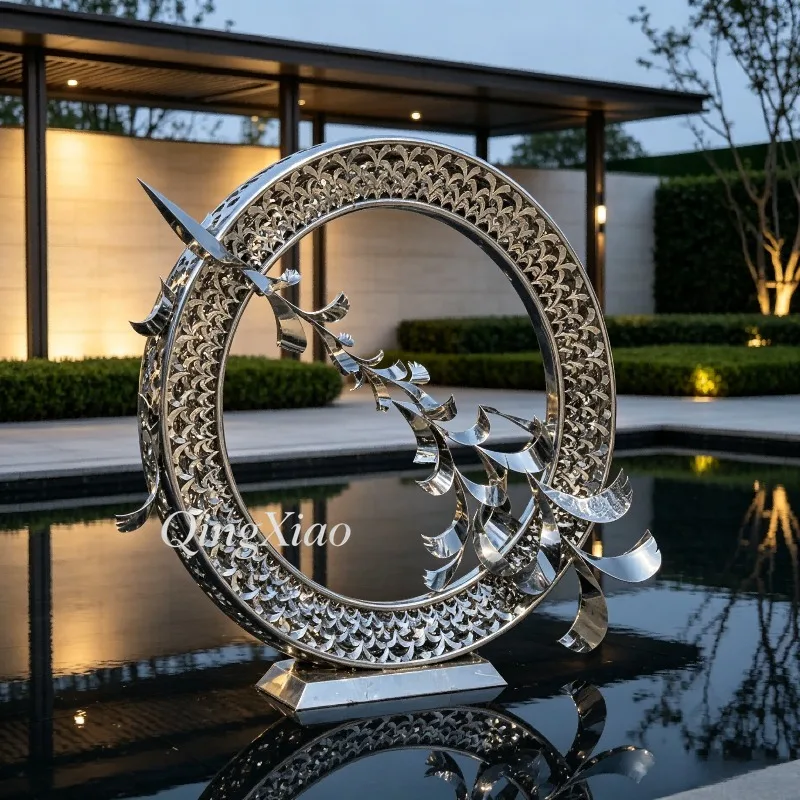 Abstract Hollow Fish Tail & Scale Ring Stainless Steel Mirror Sculpture Custom Outdoor Garden Waterside Art Decoration