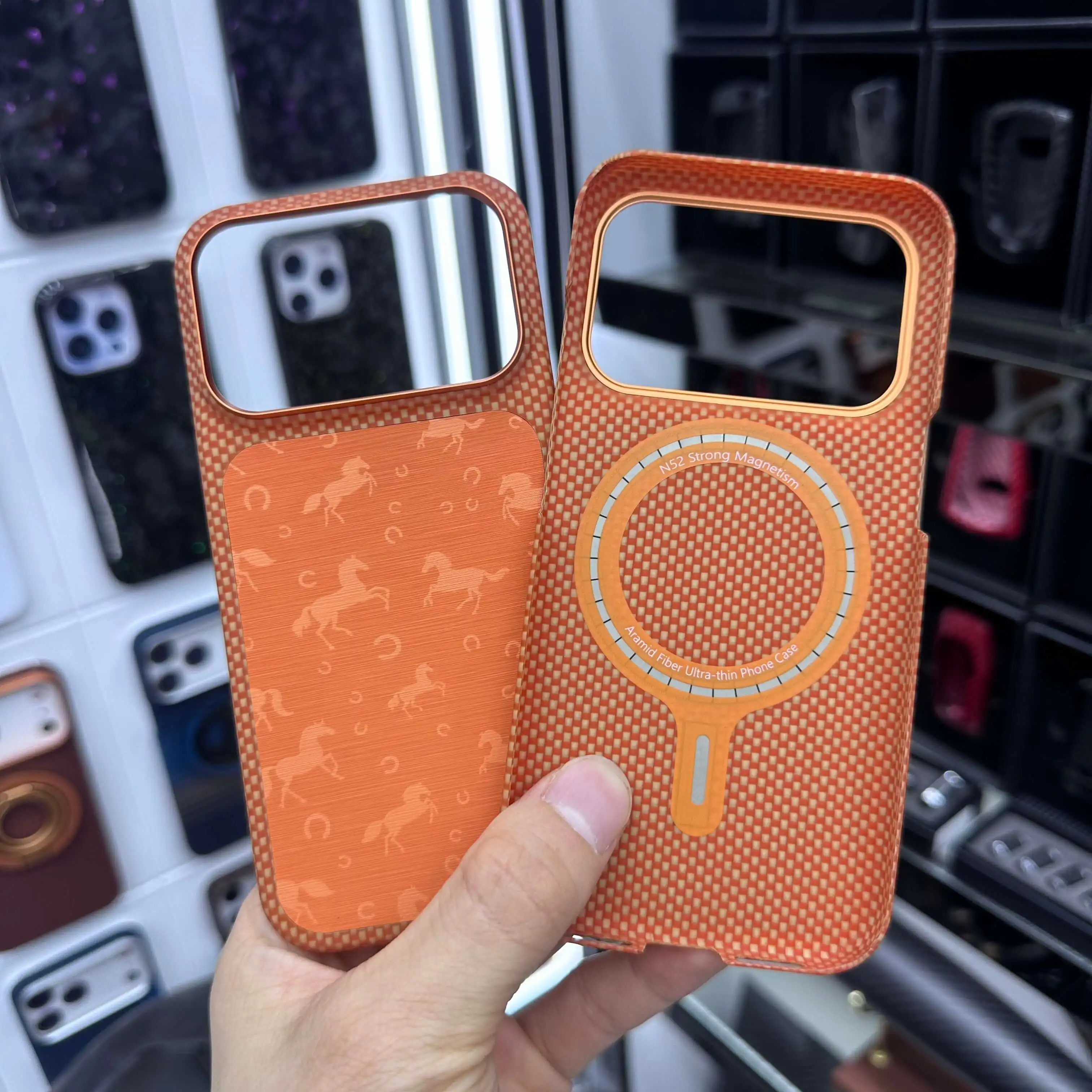For iPhone 17 Pro Max Kevlar Aramid Fiber Case with Genuine Leather Inlay, Ultra Thin Hollow-Out Design Magnetic Magsafe Cover - view 4