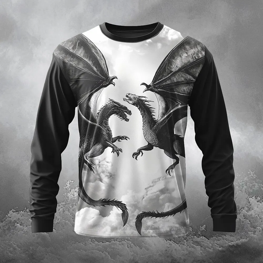 

Vintage Dragon Print Men's Long Sleeve T-Shirt Autumn Street Casual Stylish Round Neck Pullover Loose Quick Dry Clothes For Male